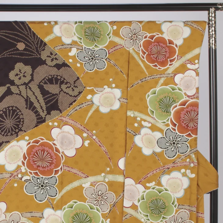 f0424100r】【からし・黄系】振袖 レンタル フルセット Lサイズ 【状態