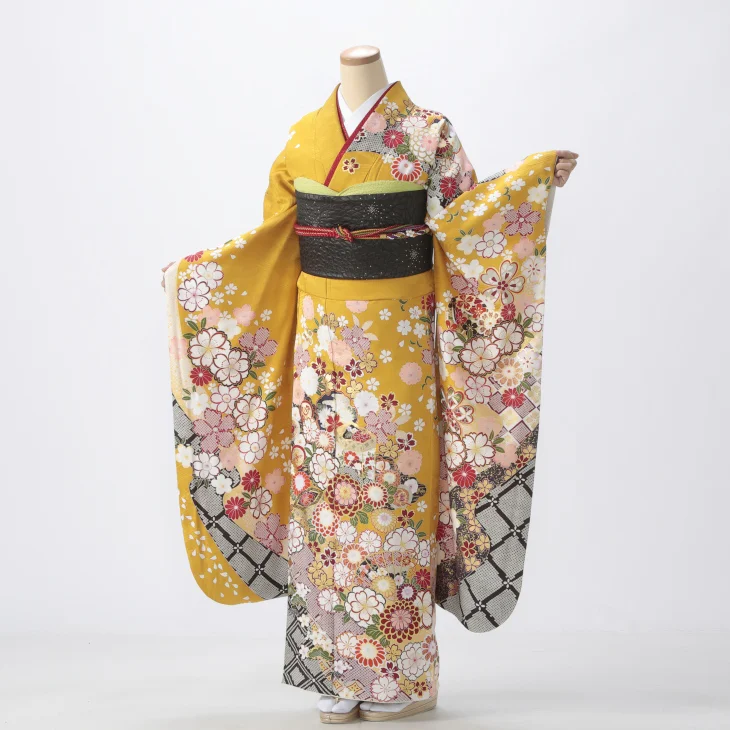 f0524202】【からし・黄系】振袖 販売 フルセット Lサイズ 【中古