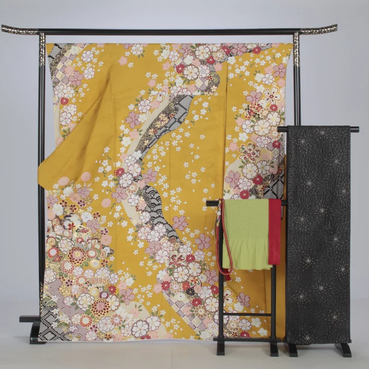 みかん　振袖単品 f0524202r】【からし・黄系】振袖 レンタル フルセット Lサイズ 【状態