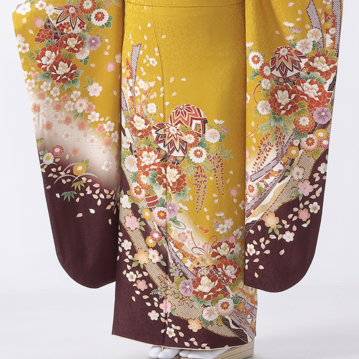 f0524462r】【からし・黄系】振袖 レンタル フルセット Lサイズ 【状態