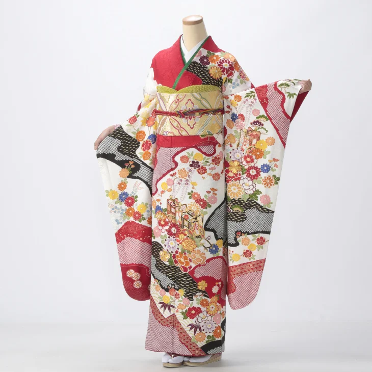 緑と赤の華やかな振袖 フルセット f0619072r】【グリーン系】振袖 レンタル フルセット Mサイズ 【中古