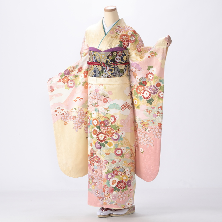 振袖フルセット　　モモ　値下げ不可 f1322017】【からし・黄系】振袖 販売 フルセット Mサイズ 【中古