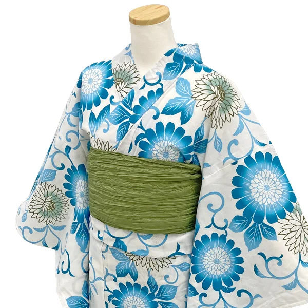 浴衣 手縫い 青 ブルー 花柄 葉模様 肩丈152 cm NK-1208 y2312205】浴衣 レディース 兵児帯 2点セット 古典柄 人気の唐草