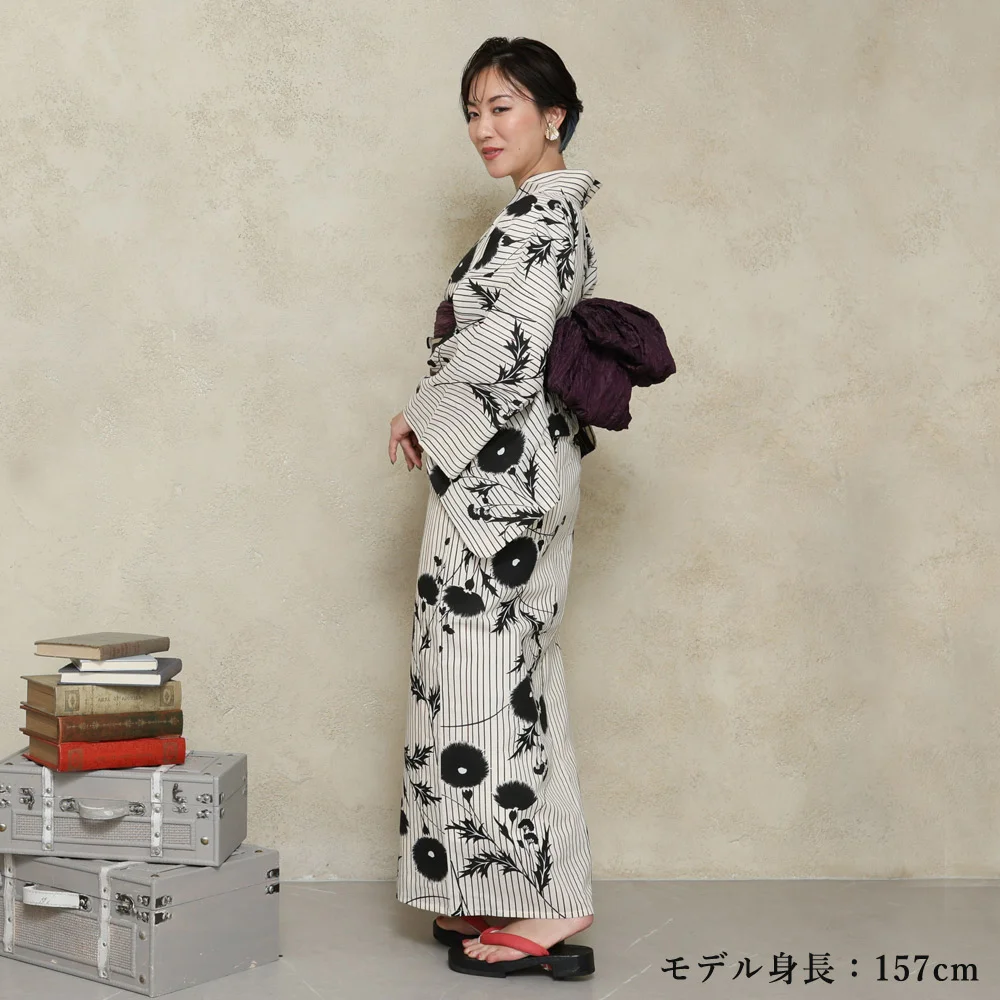 ditta 浴衣 兵児帯 セット 花柄 白黒 モノトーン 乱菊重ね 京都きもの友禅 浴衣 レディース セット 兵児帯 2点セット