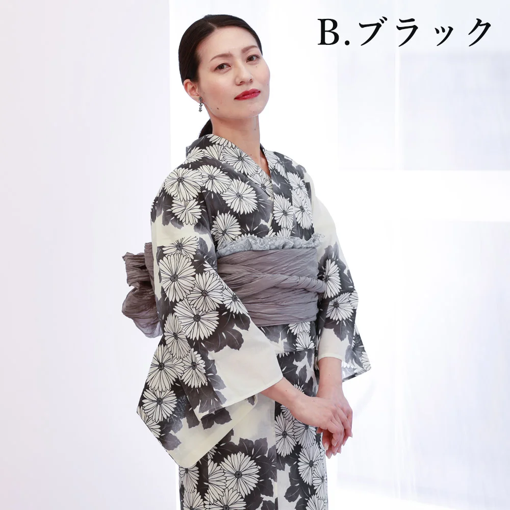 浴衣　綿麻　粋な夏着物　菊柄　黒　兵児帯　プリーツ　黒　2点　0823⑨ y2412002】浴衣 レディース 兵児帯 2点セット 古典柄 人気の菊