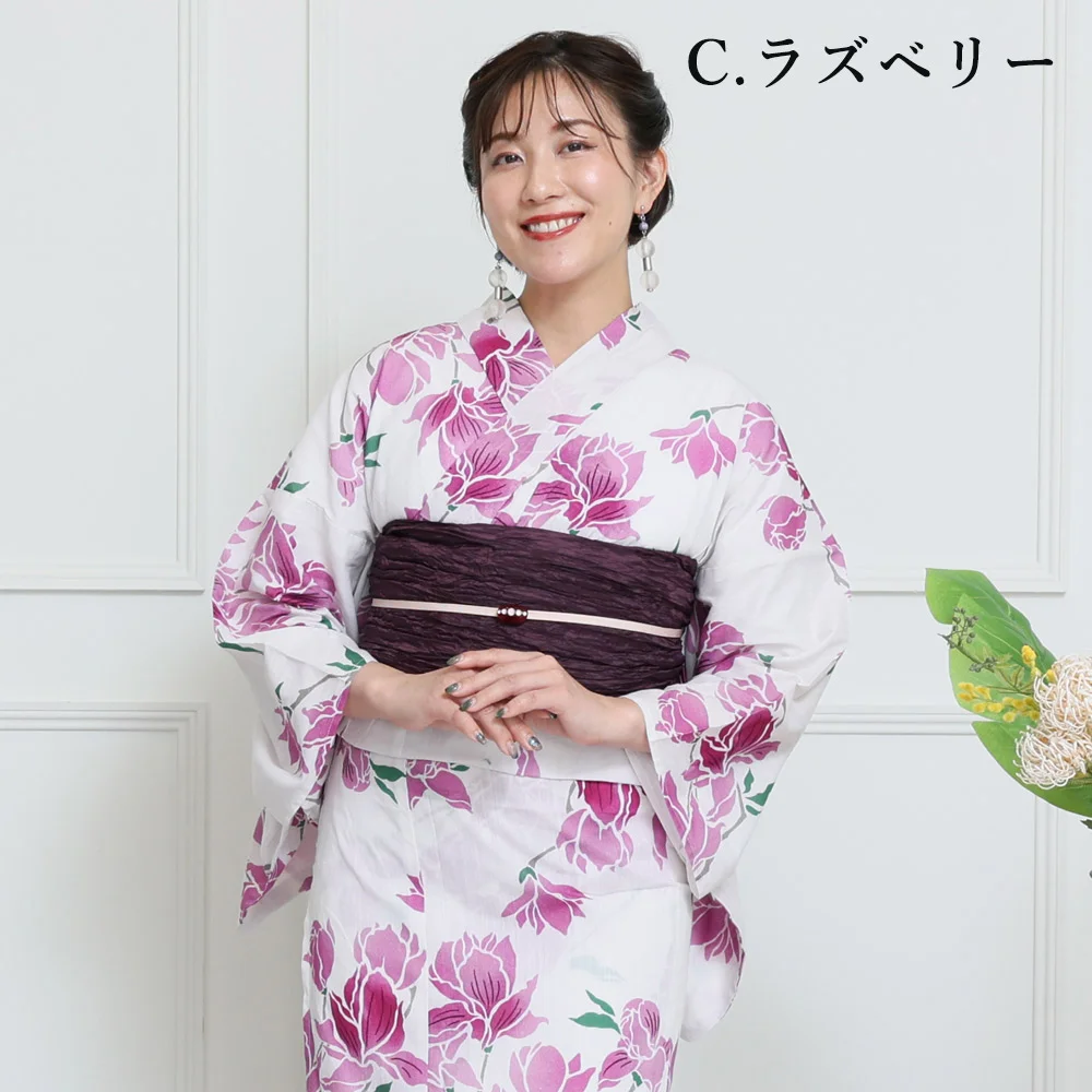 ダリア浴衣セット　兵児帯　グレー　レッド　ピンク　アイボリー　古典花柄　和柄 ダリア柄浴衣セット 兵児帯 グレー レッド ピンク アイボリー