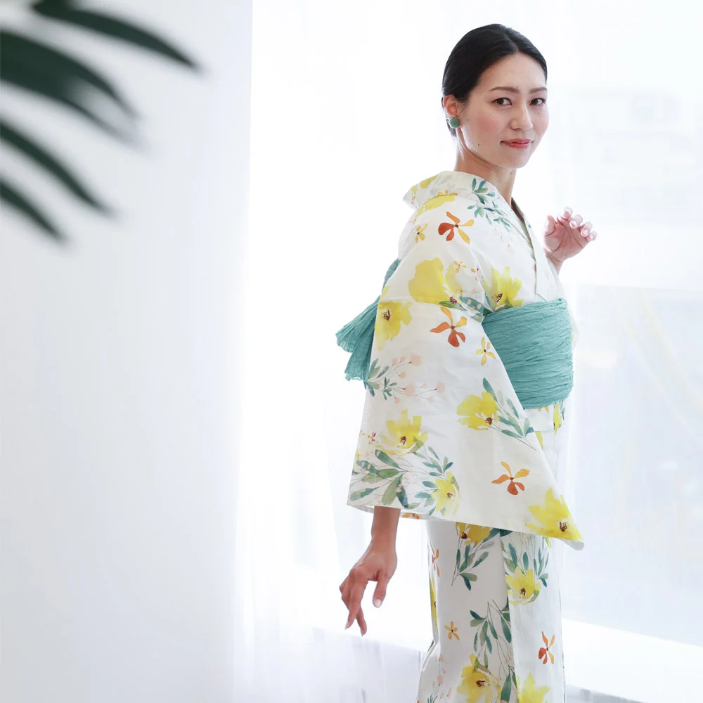 ダリア浴衣セット　兵児帯　グリーン　イエロー　ひまわり　菊　古典花柄　和柄 ダリア浴衣セット 兵児帯 グリーン イエロー ひまわり 菊 古典花
