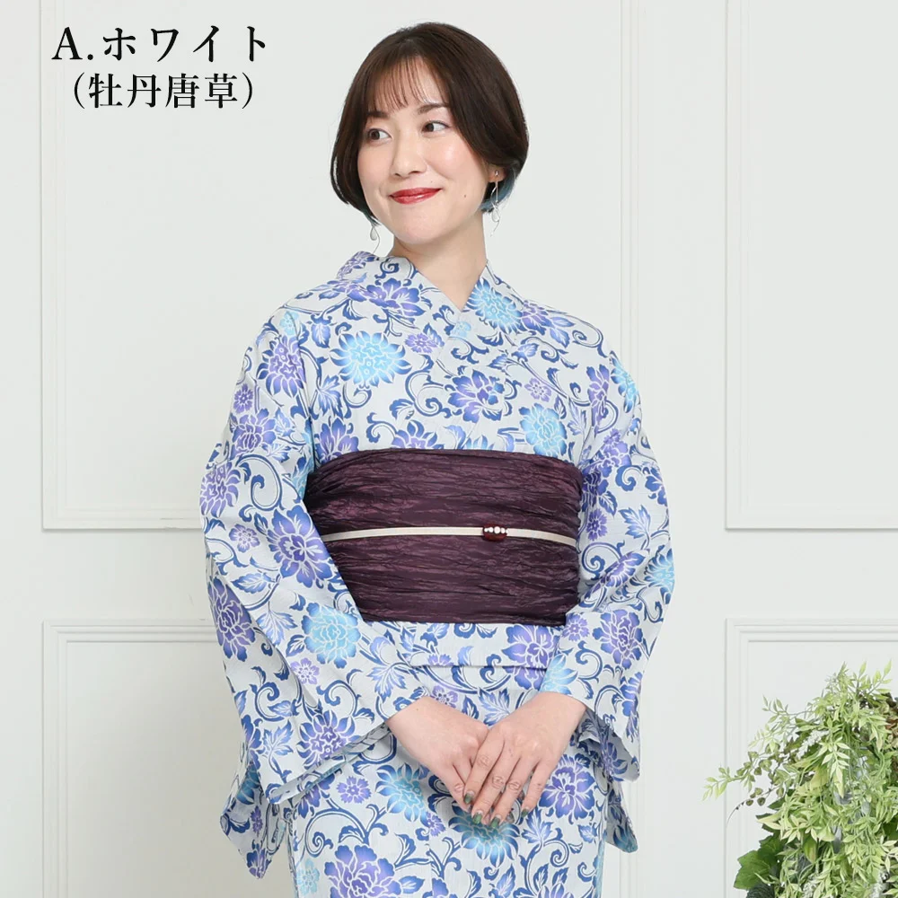 浴衣　大きめサイズ　浴衣 3L 牡丹　兵児帯　ボルドー　2点　新品　0617⑮ y2412006】浴衣 レディース 兵児帯 2点セット 人気の牡丹唐草 桜