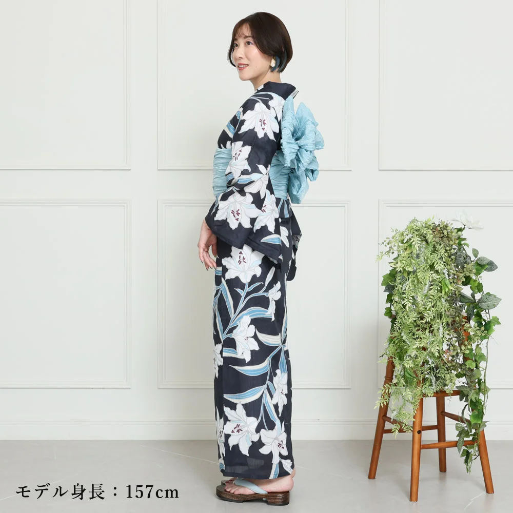 y2412007】浴衣 レディース 兵児帯 2点セット 人気の切り絵百合 花柄