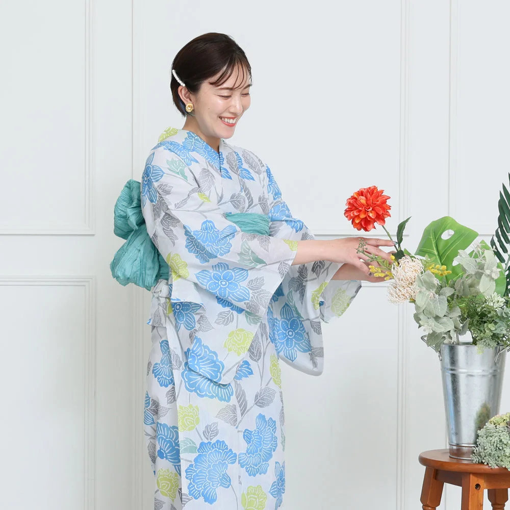 ［ 名古屋帯/紗 ］綿/麻　くすんだ水色　花柄　草花　着物　夏物　夏着物　盛夏 楽天市場】夏帯 麻 西陣織 反物 未仕立て 夏用 帯 名古屋帯