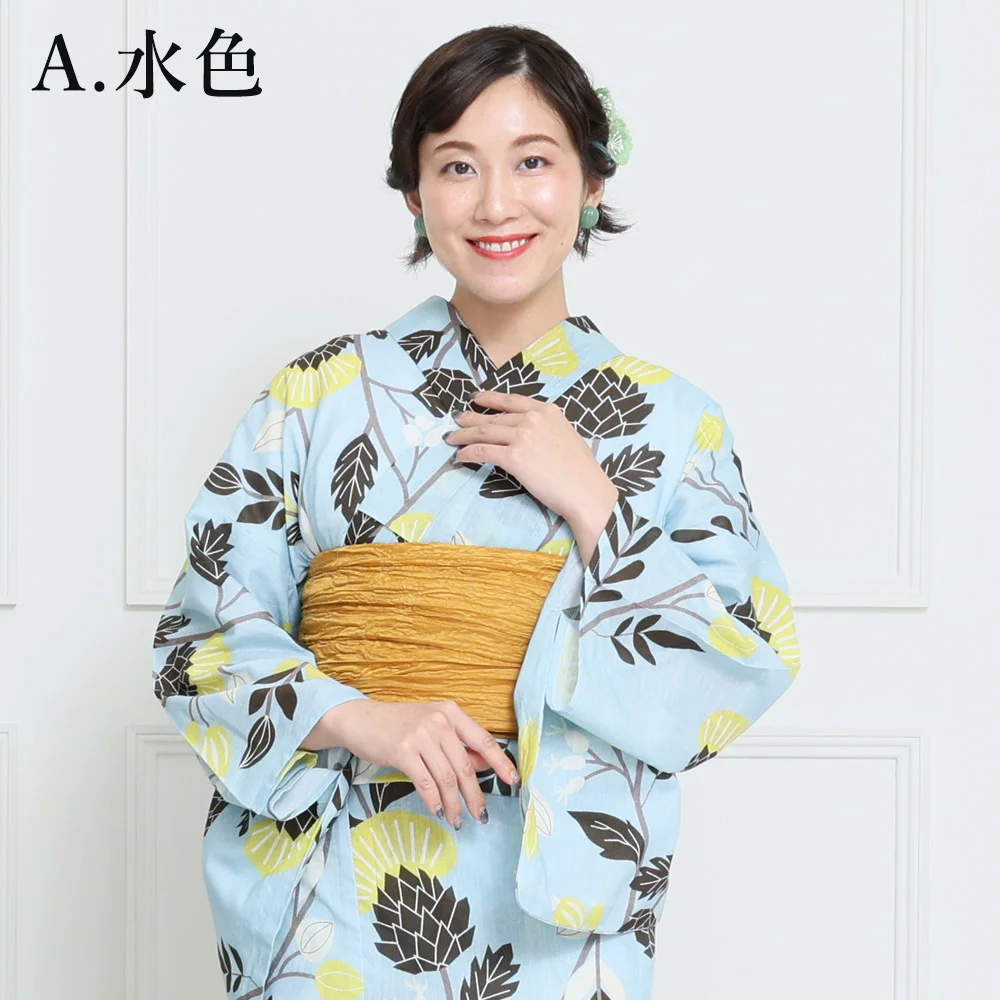 新品未使用 ゆかたと兵児帯2点セット フリーサイズ 黄色と茶色の花 浴衣セット 浴衣と兵児帯の2点セット 「浴衣 紺地 黄の花＋