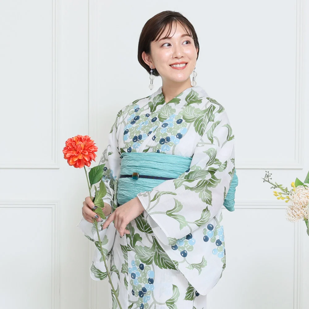 お任せ赤兵児帯つき◆最高級【綿絽浴衣】青芙蓉牡丹の古典涼しゆかた◆ お任せ赤兵児帯つき◇最高級【綿絽浴衣】青芙蓉牡丹の古典涼し