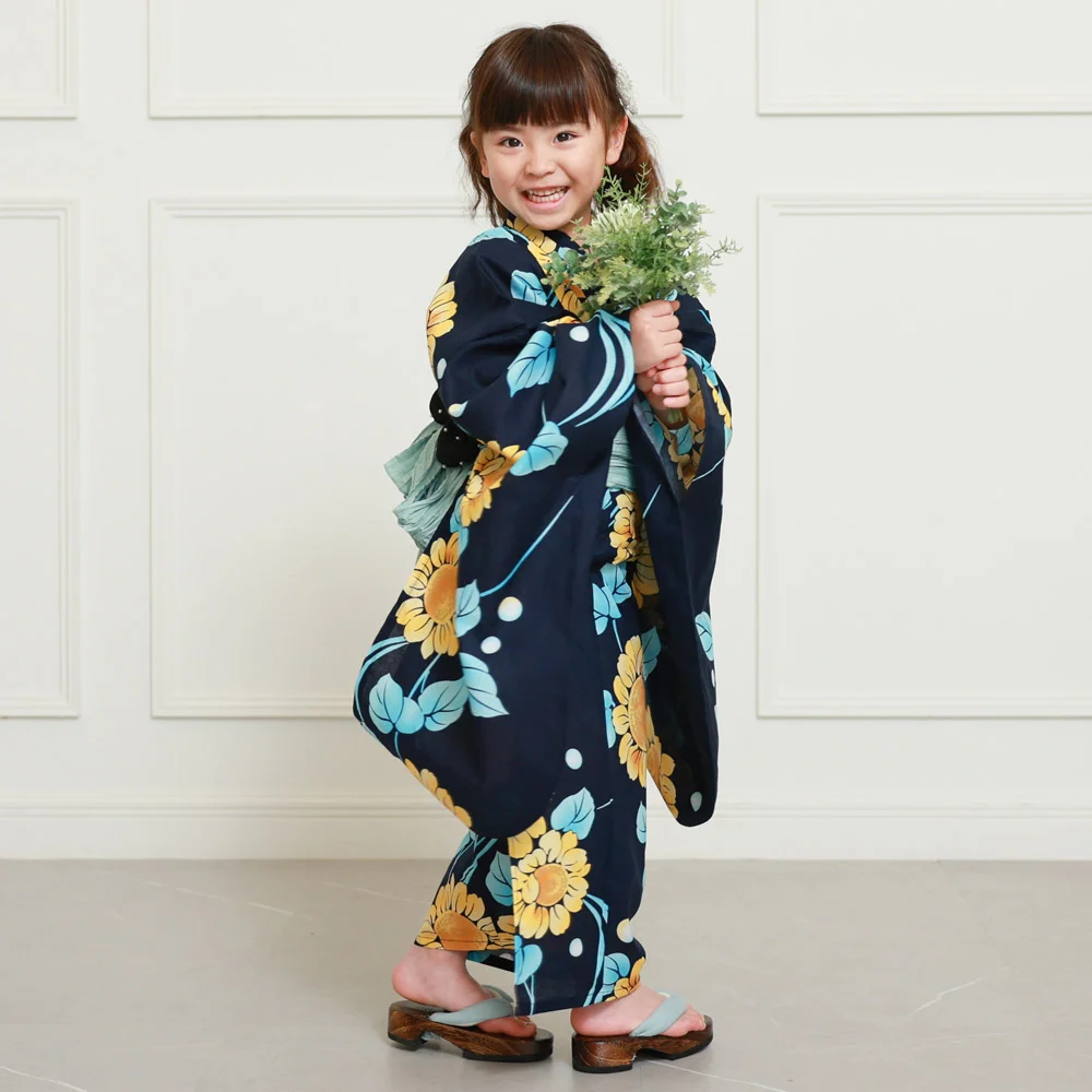 y2442001】浴衣 女の子 兵児帯 2点セット 人気の花柄 紫陽花、ひまわり