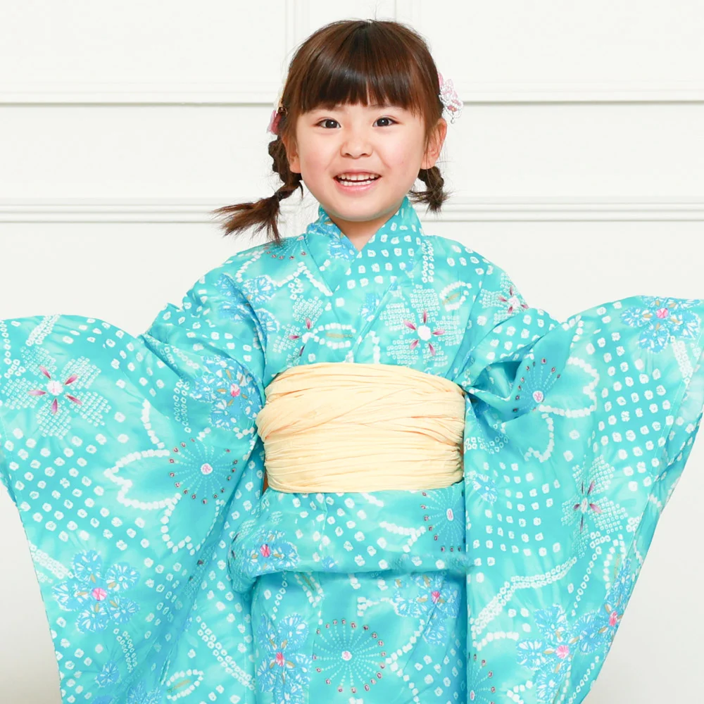 女児四つ身着物単品　グリーン色 七五三 7歳 四つ身着物フルセット「赤、絞り 束ね熨斗に手鞠